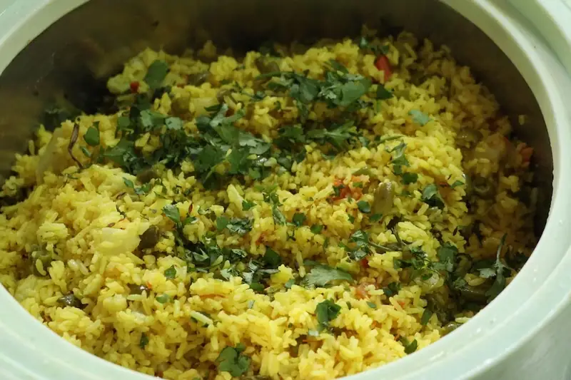 Vegetable pulao from the daily sattvic menu served at Sri Yoga Ashram, Rishikesh